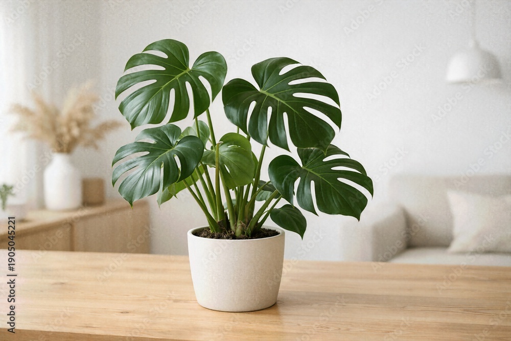 Fototapeta premium Monstera houseplant in white pot on table