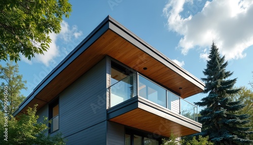 Modern house exterior with wood siding and large glass window. Contemporary home features balcony with glass railing. Trees and blue sky background.