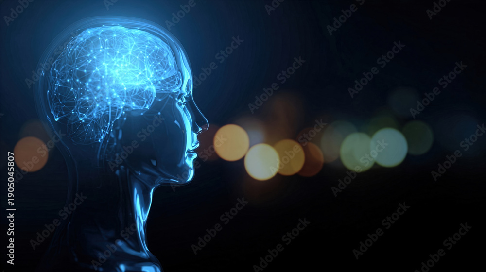 Fototapeta premium Digital representation of a human head with glowing neural connections in a dark background at night