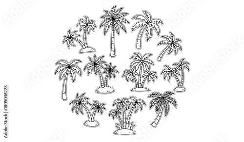 Tropical Palm Tree Doodle Circle Set Hand Drawn Beach Outline Vector Icons