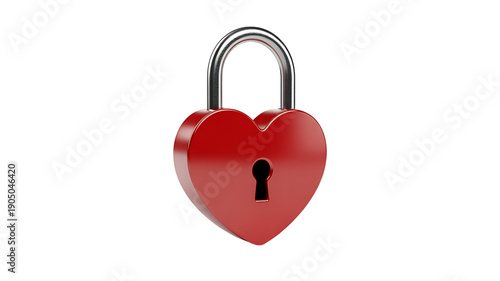 Red heart shaped padlock with metallic silver shackle and keyhole against transparent background