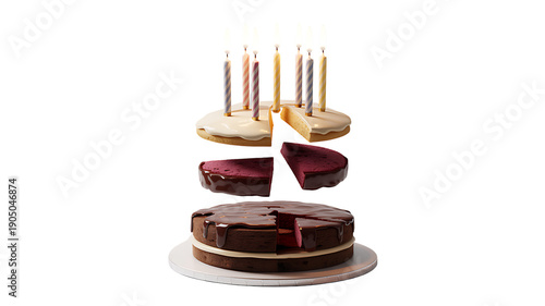 Exploded birthday cake with lit candles and three different cake layers on a white plate against a transparent  background