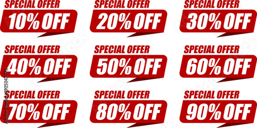 10％OFF、20％OFF、30％OFF、40％OFF、50％OFF、60％OFF、70％OFF、80％OFF、90％OFFのセールを表すディスカウントラベル　Discount Label SALE
