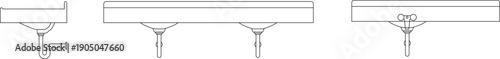 Technical vector illustration of double sink vanity elevations, featuring long countertop basins with dual faucets and integrated pipe systems