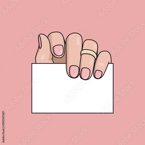 Isolated Woman's Hand with long Nails and Golden Rings Holding Blank Personal Business Card. Icon Template Mockup Illustration on a Pink Background, Vector illustration.