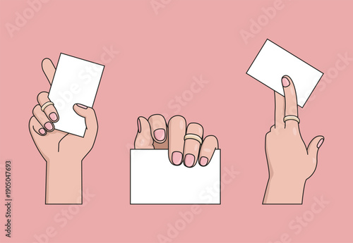 Isolated Woman's Hand with long Nails and Golden Rings Holding Blank Personal Business Card. Icon Template Mockup Illustration on a Pink Background, Hand and card different positions.