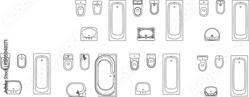 Comprehensive vector set of bathroom sanitary fixtures from top view, including bathtubs, toilets, bidets, and sinks for floor plan design.