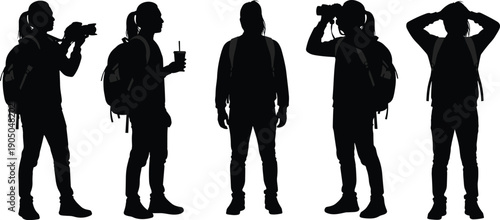 Black traveler silhouette set with backpack, woman hiker using camera and binoculars, outdoor adventure vector illustration isolated on white background,