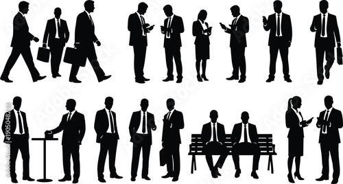 Business people silhouettes set, professional men and women in suits walking talking and using phones, corporate office workers vector illustration,