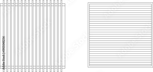 Technical vector illustration of square ventilation grilles and linear air slats from a top view, featuring minimalist parallel line patterns.