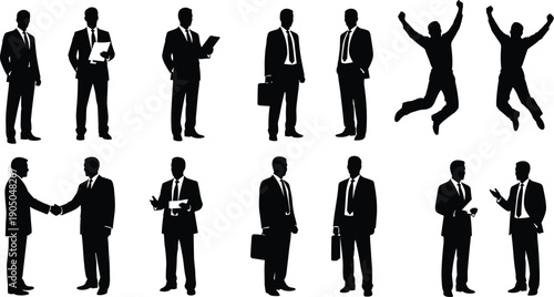Businessmen silhouettes set, professional men in suits jumping shaking hands and standing with briefcases, corporate success vector illustration for office,