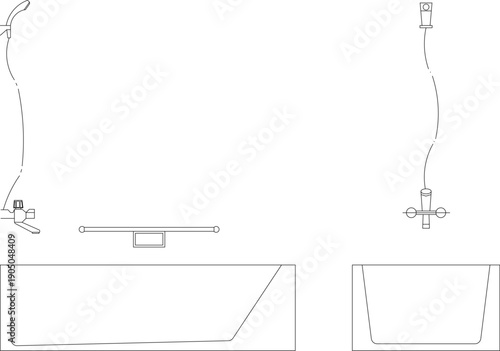 Technical vector illustration of bathtub elevations from side and front views, featuring integrated shower heads, faucets, and towel racks.
