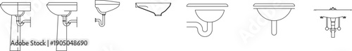 Technical vector illustration of washbasin elevations, featuring pedestal sinks, wall-hung basins, and detailed plumbing pipe connections.