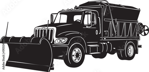 Heavy Duty Snow Plow Truck Silhouette with Salt Spreader Isolated on White Background.eps