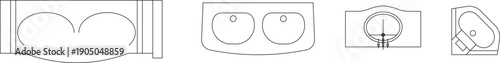 Technical vector illustration of premium washbasin designs, featuring double sinks, integrated vanity units, and space-saving corner basins