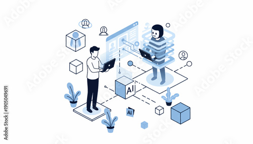 Isometric illustration of people interacting with AI technology and data.
