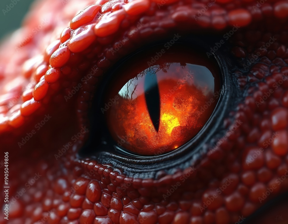 Naklejka premium Red dragon eye closeup, showing fiery iris and detailed scales. Reptilian creature, mythical beast, ancient monster, fantasy creature, fantasy art detail.