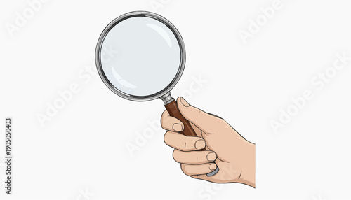 A hand holding a magnifying glass in a minimalist vector illustration style