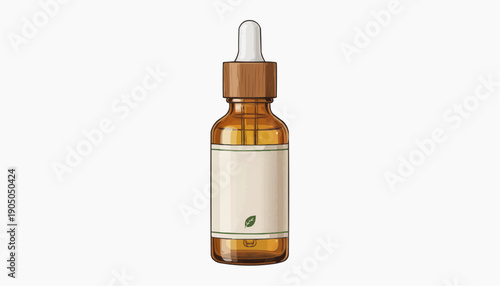 A minimalist illustration of a dropper bottle with a wooden cap and a simple label design