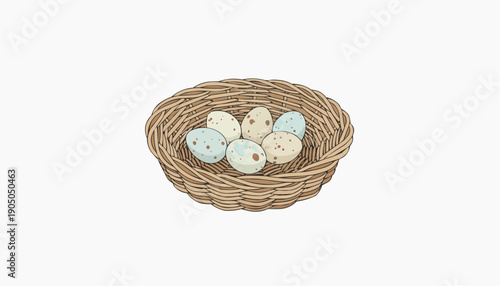 A vector illustration of a wicker basket filled with colorful eggs on a plain background