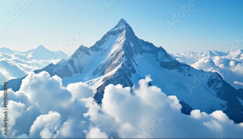 Majestic wide shot of Everest peak surrounded by snow clouds 