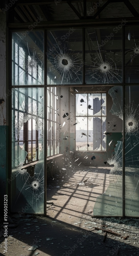 Obraz premium Bullet Holes in Glass - Abandoned Building.