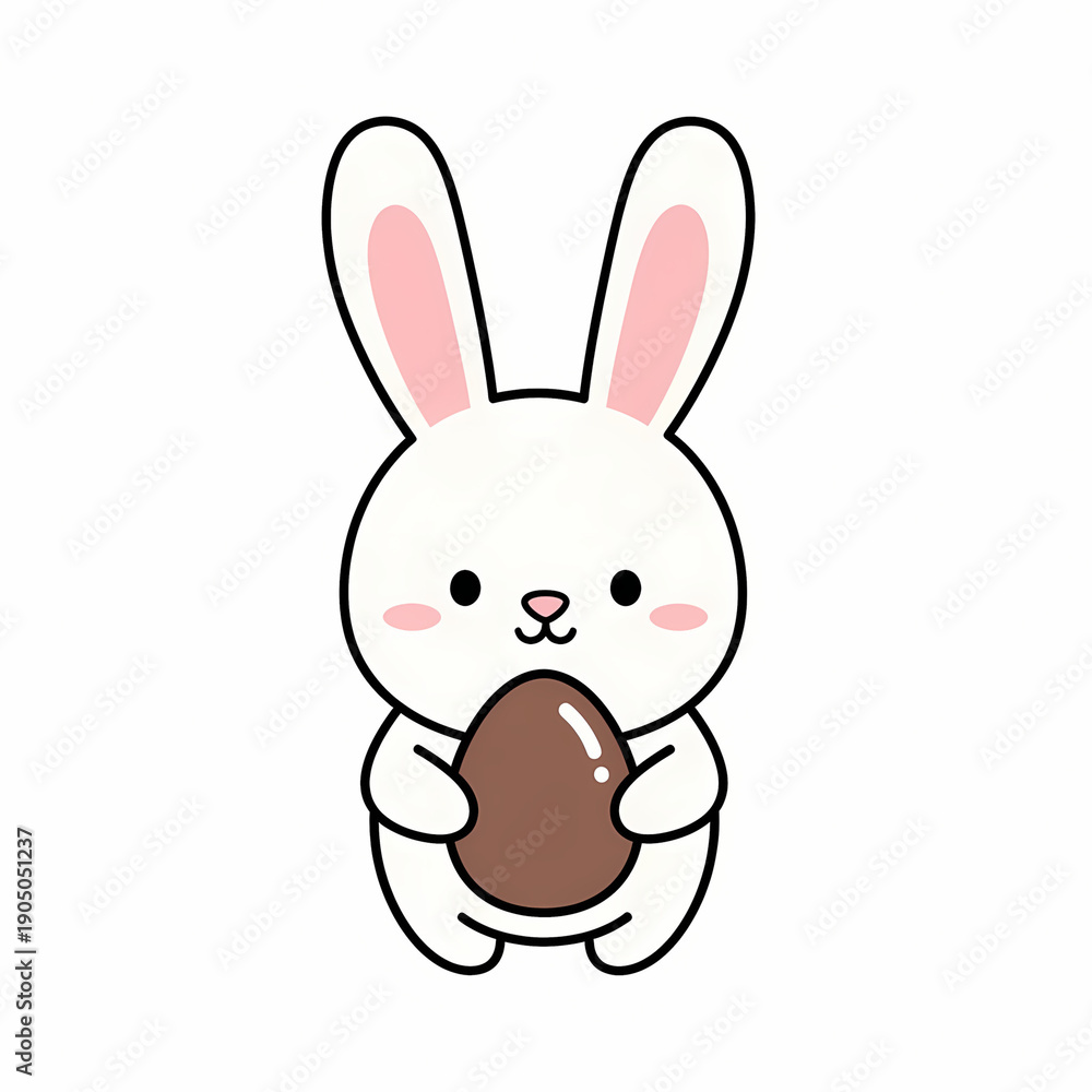 Obraz premium Cute cartoon bunny holding chocolate egg on white background