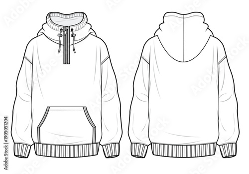 Half zip hoodies vector mockup template technical drawing.