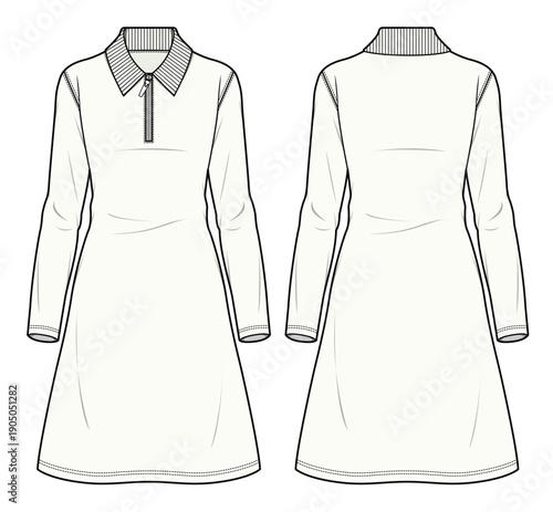 Women’s long sleeve polo shirt technical drawing vector mockup template.