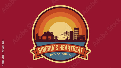 Siberia's Heartbeat Novosibirsk Cityscape Sunset Vintage Retro Emblem