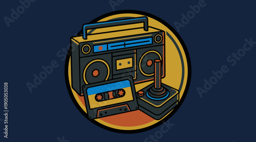 Retro Music and Gaming Entertainment Symbols on Dark Blue Background