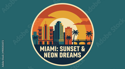 Miami Sunset Neon Dreams A Vibrant Cityscape at Dusk With Palm Trees