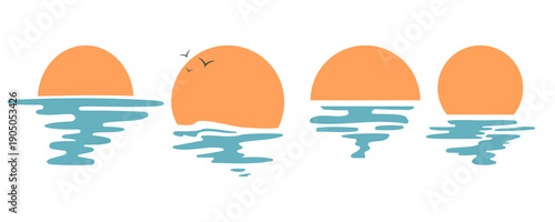 Minimal Sunset Sun Reflection Over Sea Vector Icon Set