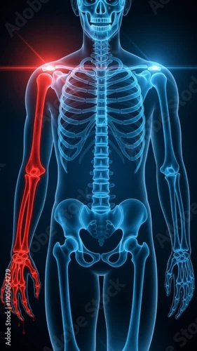 Human Skeleton with Highlighted Arm and Shoulder Injury Visible in X-ray View