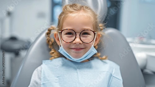 A smiling child with glasses sitting in a dental clinic chair wearing a medical mask