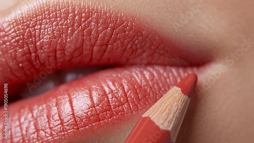 Extreme close-up of lips with lip liner being carefully applied with a red pencil