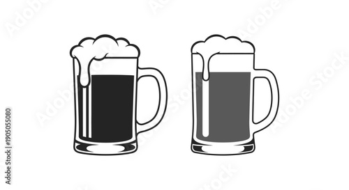 Two mugs of dark beer with foam on a white background.