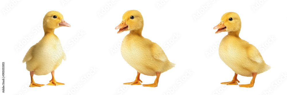 Fototapeta premium Set of Yellow Duckling Poses, Farm Animal and Pond Collection Isolated on White, PNG Oil Paint