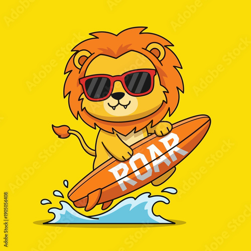 Cute cartoon lion wearing sunglasses surfing on a surfboard.