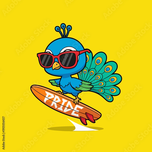 Cute Peacock Surfer with Sunglasses on a Surfboard with Pride Text.