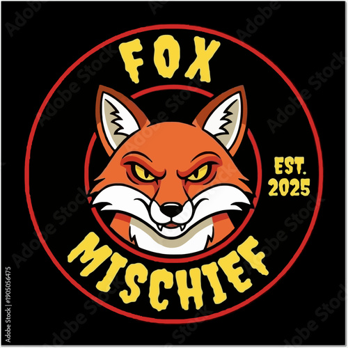 Grinning Fox Face with Mischief Text and Established Date.