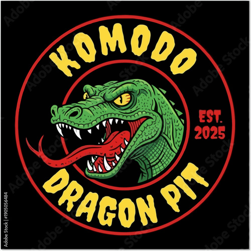 Komodo Dragon Pit Logo with Aggressive Green Dragon Head.