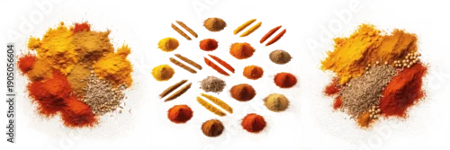 Obraz  z motywem Set of Colorful Indian Spices and Powdered Herbs Isolated on Transparent Background, Culinary Condiments PNG