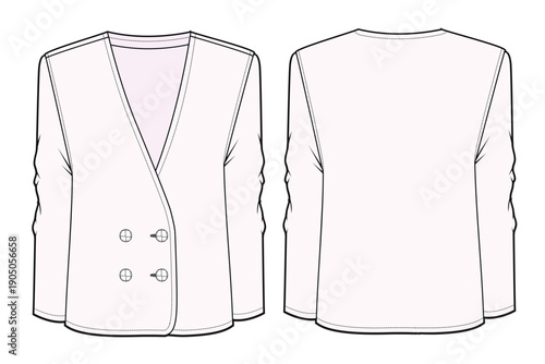 V neck double breasted blazer technical flat design vector mockup template.