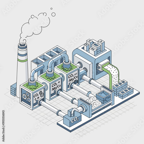 Isometric illustration of a carbon capture and utilization plant.