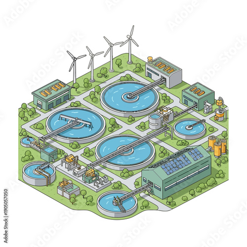Isometric Illustration of a Modern Water Treatment Plant with Renewable Energy.