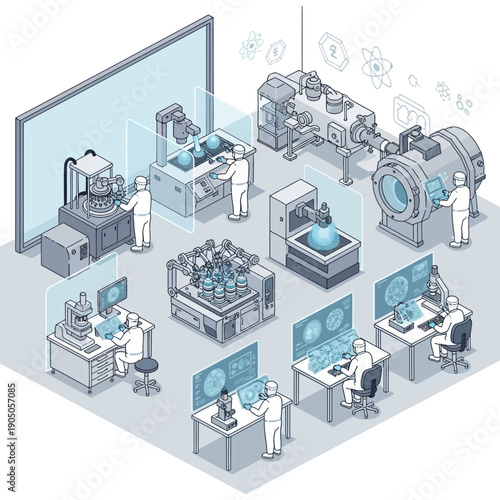 Isometric illustration of a semiconductor manufacturing and research facility with engineers and advanced machinery.
