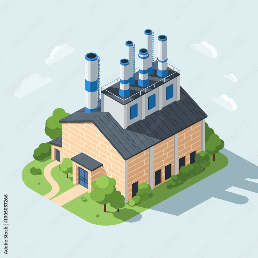 Naklejka premium Isometric Industrial Factory Building with Multiple Chimneys and Green Surroundings.