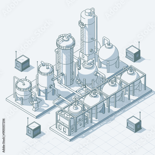 Isometric Industrial Chemical Plant with Storage Tanks and Processing Units.