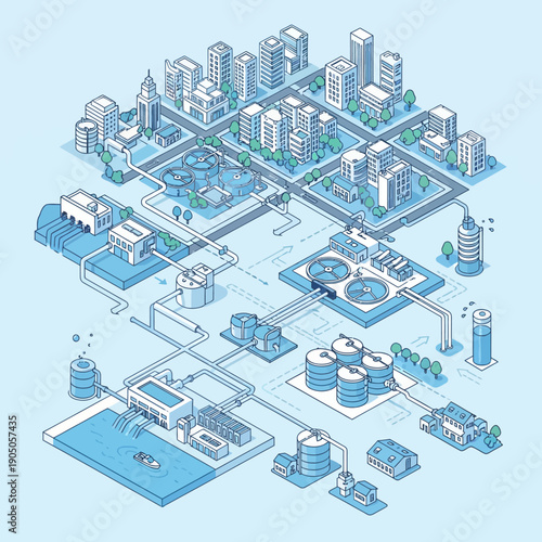 Isometric Smart City with Water Treatment and Energy Infrastructure.